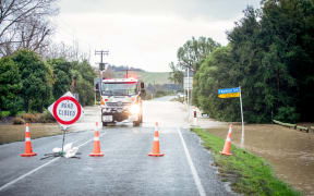 A road closed due to flooding in Brightwater, Tasman District