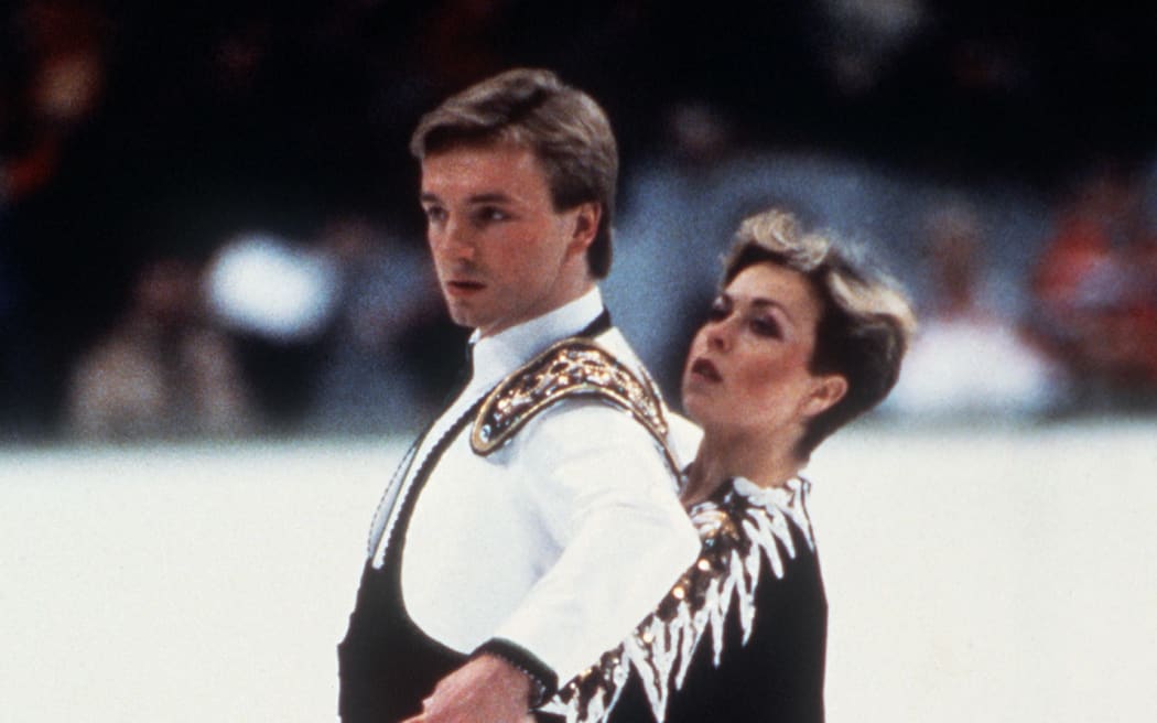 Figure skaters Jayne Torvill and Christopher Dean from Great Britain are waiting for the music to start their free dance program 14 February 1984 in Sarajevo during the Winter Olympic Games.