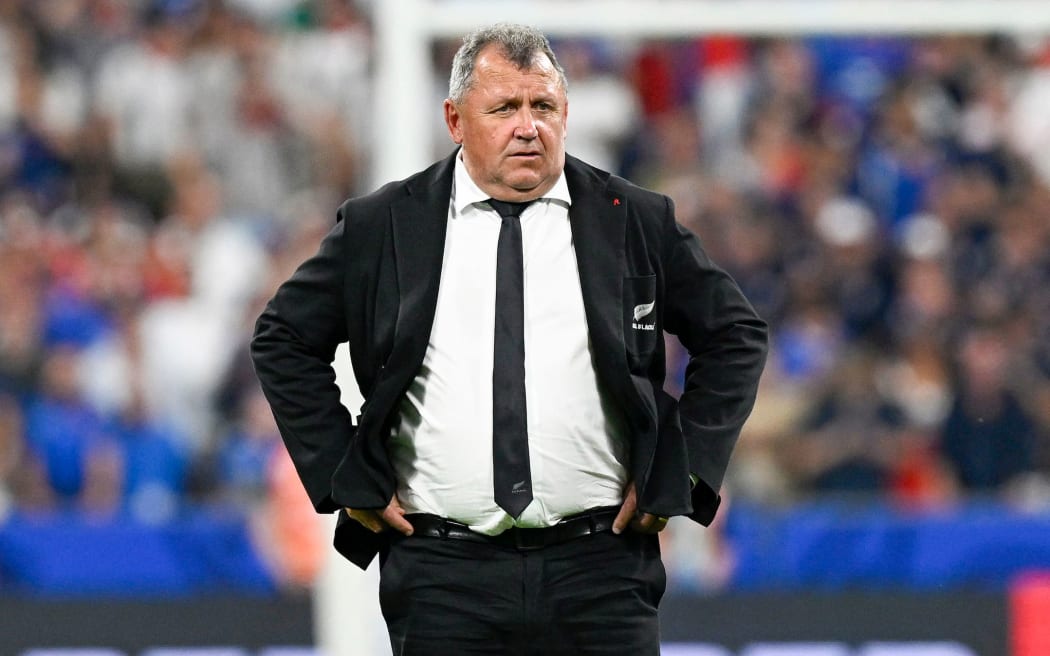 New Zealand coach Ian Foster dejected after the match. Rugby World Cup France 2023, France v New Zealand All Blacks pool match at Stade de France, Saint-Denis, France on Friday 8 September 2023. Mandatory credit: Andrew Cornaga / www.photosport.nz