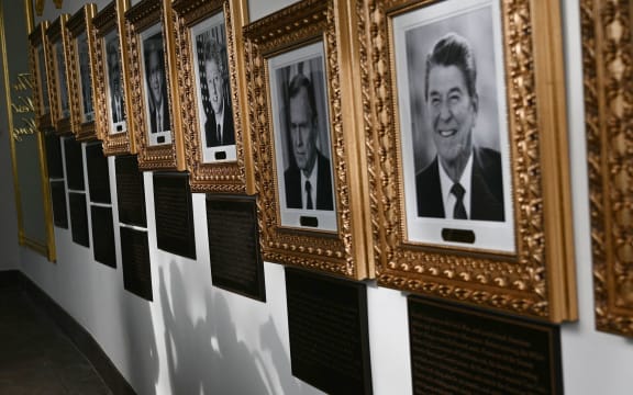 Portraits with new plaques of explanatory text are seen on the Presidential Walk of Fame on the Colonnade of the White House on Wednesday.
Mandatory Credit:	Brendan Smialowski/AFP/Getty Images via CNN Newsource