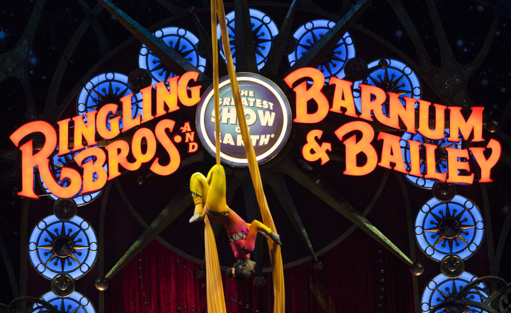 A circus performer hanging upside down during a Ringling Bros. and Barnum & Bailey Circus performance in Washington, DC