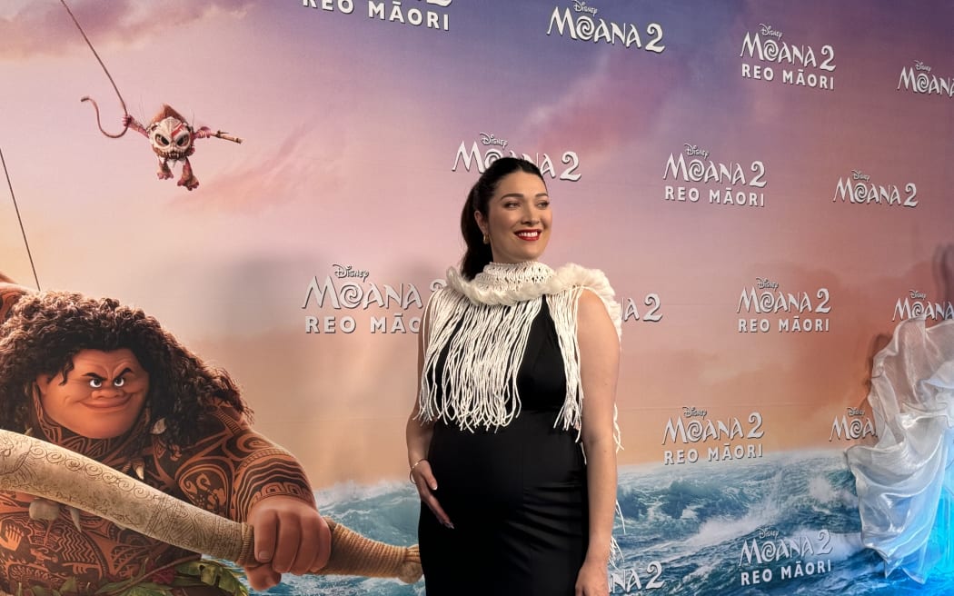 Awhimai Fraser who plays the character Matangi in Moana 2 reo Māori at the dual film premiere in Auckland.