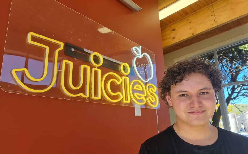 Kaitāia College student Lennox Goodhue-Wikitera at Tasman Bay Food Co, where Juicies are made.
