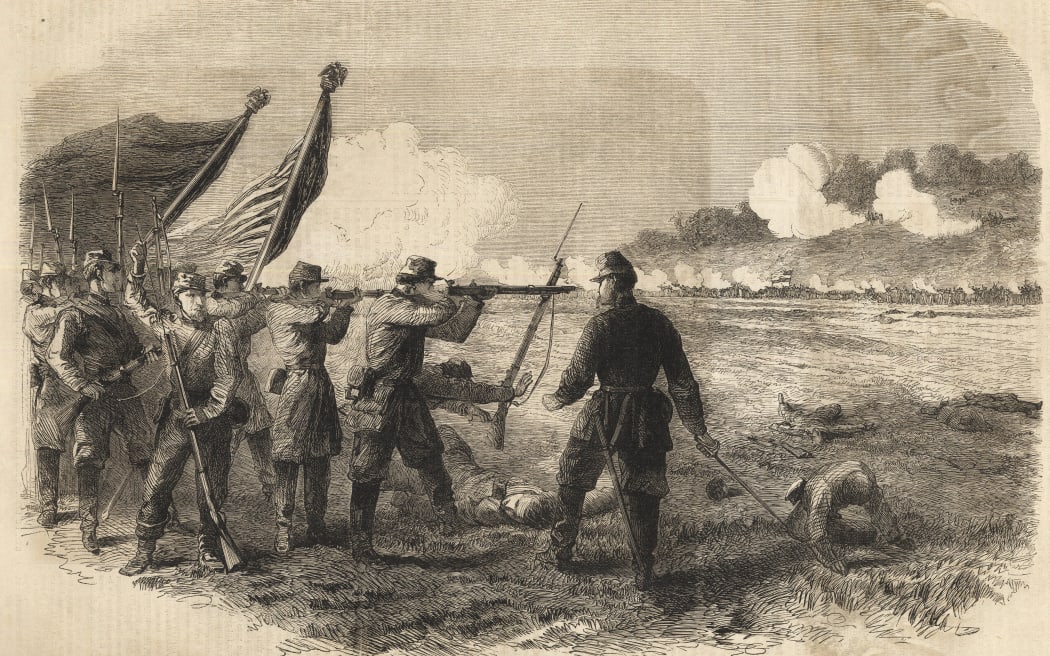 American Civil war Battle of Cedar Creek, in the Shenandoah valley, the 18th October 1864. - Guerre de Secession (1861 - 1865) ou guerre civile americaine: 19 octobre 1864: bataille Cedar Creek (bataille de Belle Grove). Gravure  ©Bianchetti/leemage (Photo by leemage / Bridgeman Images via AFP)