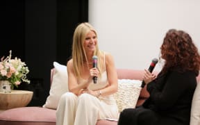 LOS ANGELES, CALIFORNIA - JANUARY 21: (L-R) Gwyneth Paltrow and Michaela Boehm speak onstage during the goop lab Special Screening in Los Angeles, California on January 21, 2020.   Rachel Murray/Getty Images/AFP