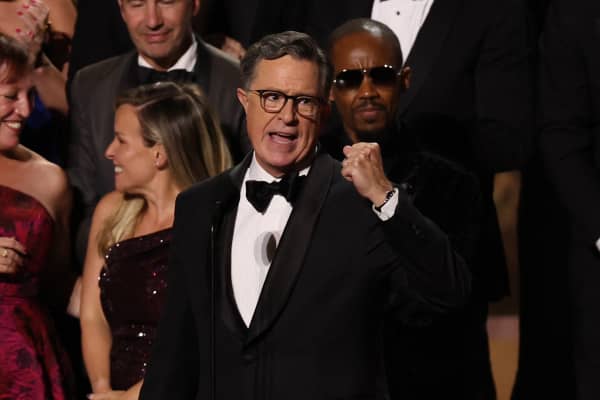 US comedian writer Stephen Colbert accepts the Outstanding Talk Series award for "The Late Show with Stephen Colbert" during the 77th Primetime Emmy Awards at the Peacock Theatre at LA Live in Los Angeles on September 14, 2025. (Photo by VALERIE MACON / AFP) / RESTRICTED TO EDITORIAL USE