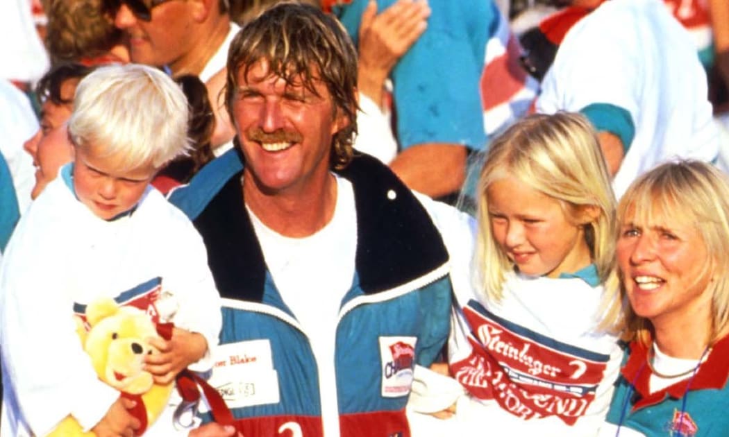 Sir Peter Blake, Wife Pippa and children celebrate winning the Whitbread Yachting race, with Steinlager 2, 1989/90.