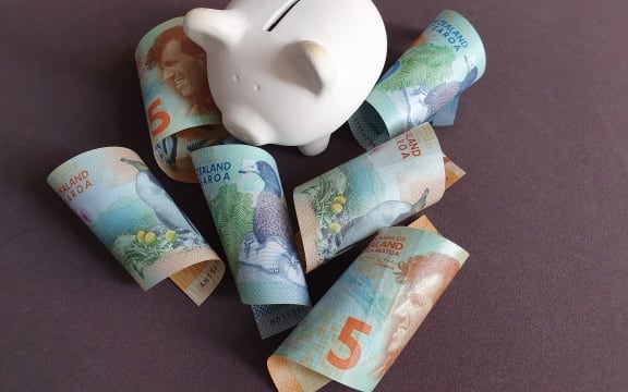 white piggy bank and New Zealand banknotes of different denominations