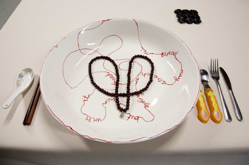A Place at the Kauri Table installation by women's art collective WIA 2020. Mei's place setting.
