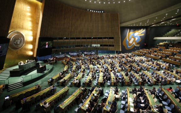 Csaba Kőrösi, President of the seventy-seventh session of the United Nations General Assembly, addresses the 17th plenary meeting of the resumed General Assembly Eleventh Emergency Special Session of the General Assembly on Ukraine.