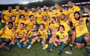 Wallabies celebrate. International Rugby Union, Australia v France, Sydney, Australia. .Saturday 21 June 2014