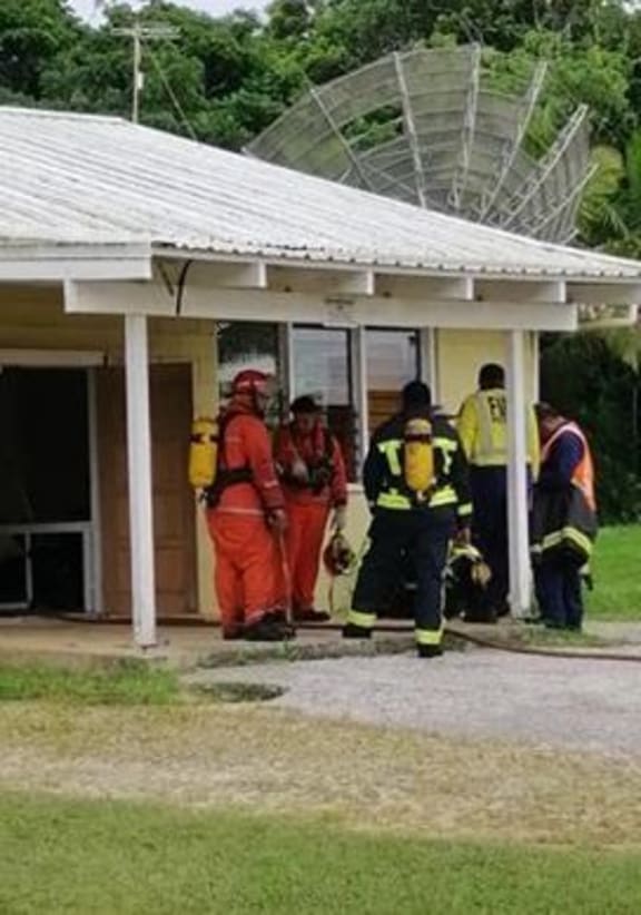 Firefighters outside Niue's BCN studios