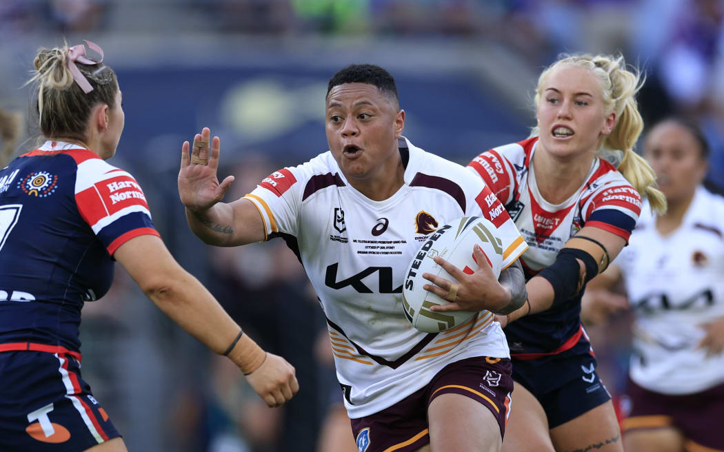 Mele Hufanga of the Broncos on her way to scoring a try during the NRLW Grand Final, 2025.