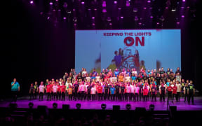 Full cast of National Youth Theatre's fundraising variety show titled 'Keeping the Lights on' in 2020 at Kiri Te Kanawa theatre in Auckland.