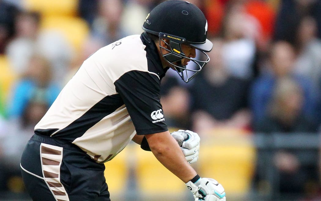 Ross Taylor hunches over injured during the Twenty20 match between the Black Caps and Pakistan in Wellington. January 2016.