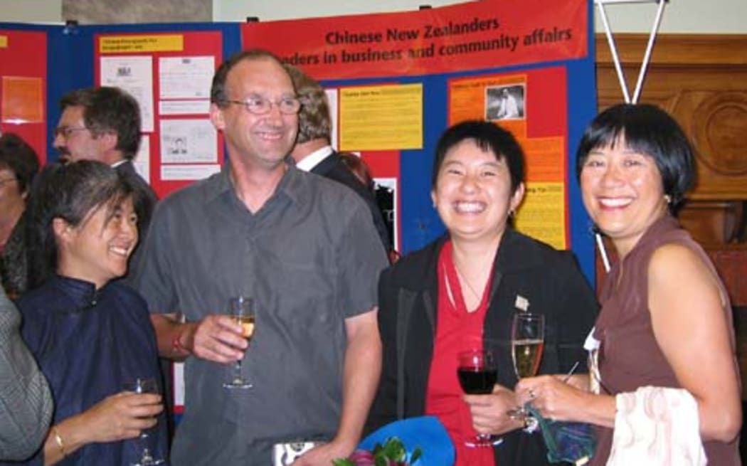 2002 Feb inside the parliament house where the prime minister made the official apology to the Chinese community. L-R: Lynette Shum, Nigel Murphy, Kirsten Wong and Manying Ip. Lynette wore an old Chinese coat that belong to her grandmother when she paid the poll tax when she entered NZ.