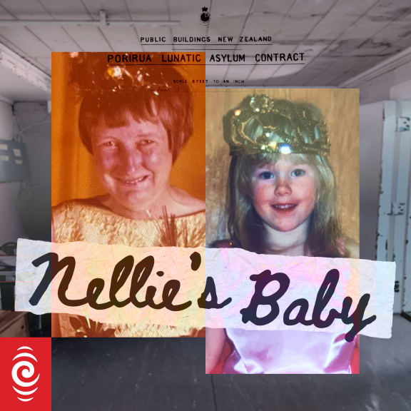 Title "Nellie's Baby" overtop old photographs and a dark hallway