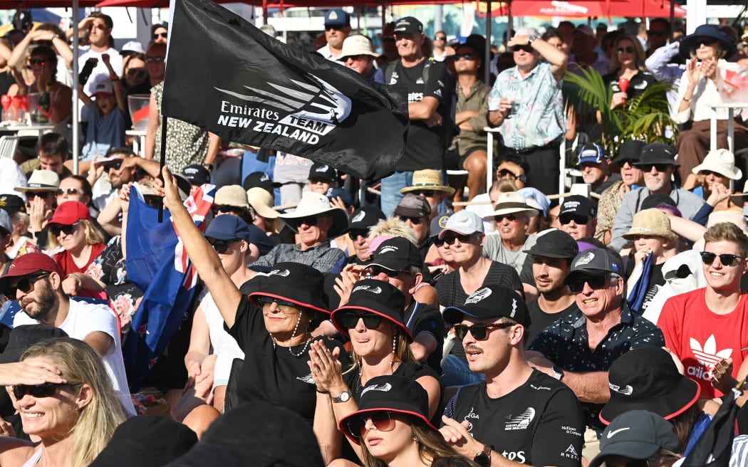 Fans at the America's Cup village, Auckland viaduct. Day 7 of the America's Cup presented by Prada. Auckland, New Zealand, Wednesday the 17th of March 2021.