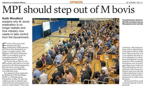 Keith Woodford's column in Stuff's 'NZ Farmer' urging the government to step back and let farmers deal with mycoplasma bovis.