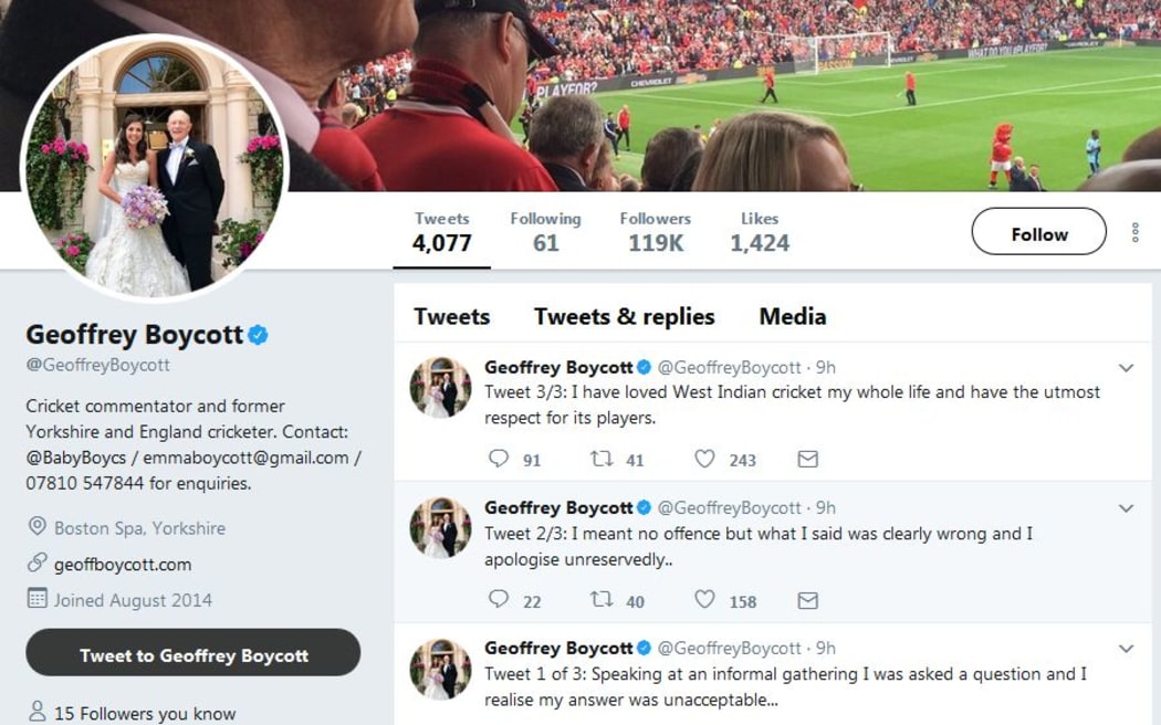 Geoffrey Boycott apologises on Twitter