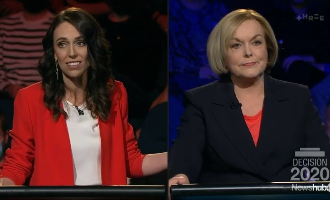 Labour leader Jacinda Ardern and National leader Judith Collins during the Newshub leaders debate. 30 September 2020.