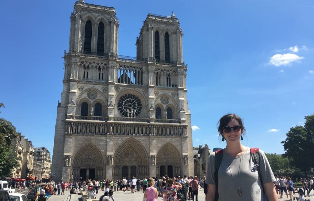 NZ Youth Choir's Hannah Bennett stands outside Notre-Dame Cathedral
