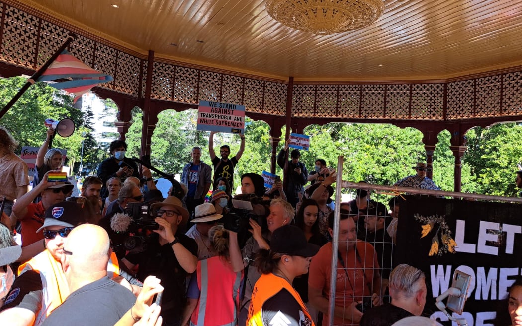 Counter protestors flooding the Albert Park gazebo at the Posie Parker rally in Auckland.