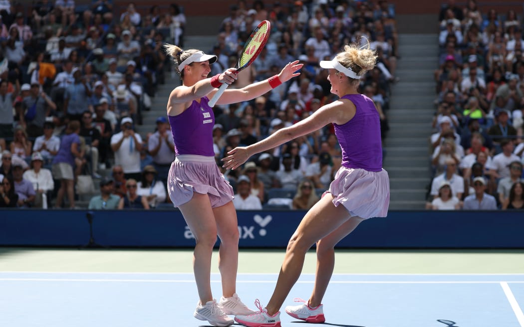 Erin Routliffe of New Zealand celebrates with partner Gabriela Dabrowski of Canada after winning the 2025 US Open doubles title.