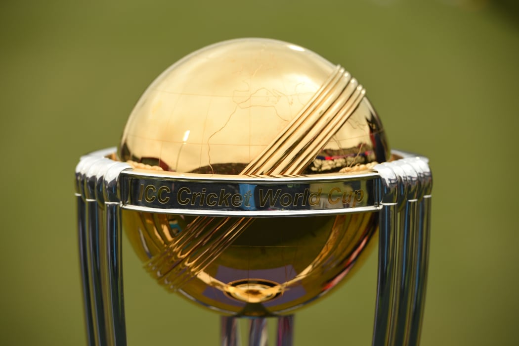 Detail of the trophy ahead of the start of the 2019 Cricket World Cup first semi-final between India and New Zealand at Old Trafford in Manchester, northwest England, on July 9, 2019.