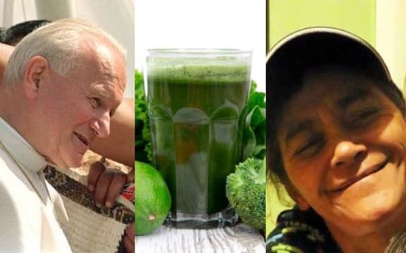 combination picture of Pope, smoothie and Jo Whiu