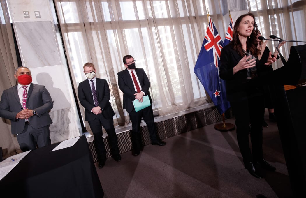 22102021 PHOTO: ROBERT KITCHIN/STUFF
L-R:  
Prime Minister Jacinda Ardern, Grant Robertson, Chris Hipkins, and Peeni Henare introduce a new âtraffic lightâ system when dealing with Covid-19 onwards.  The announcement was made in the Banquet Hall in Parliament.