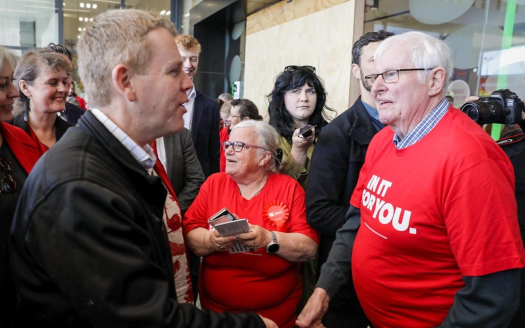 Chris Hipkins with Labour supporters in Hornby, Christchurch, 11 October 2023.