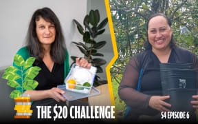 Split-screen promotional image for The $20 Challenge (Season 4, Episode 6) of the podcast Thrift. On the left, a woman with long dark hair and a green cardigan holds a plastic container with citrus fruits and food in paper towels, sitting indoors next to a leafy plant. On the right, a woman smiles while holding black gumboots outside among greenery. A stylized coin-and-leaf icon appears near the episode title in the bottom left.