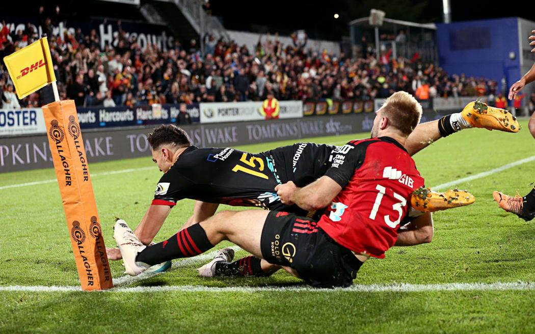 Chiefs fullback Shaun Stevenson dives across the line at FMG Stadium Waikato, Hamilton on Saturday 29 April 2023.