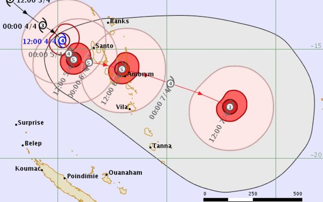 Forecast track map for severe Tropical Cyclone Harold shows it will develop to into a powerful category 5 cyclone.