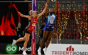 Grace Nweke of the Mystics and Jane Watson of the Tactix tussle for the ball  during the ANZ Premiership Netball match, Tactix Vs Mystics, at Wolfbrook Arena, Christchurch, New Zealand, 30th June 2024. Copyright photo: John Davidson / www.photosport.nz