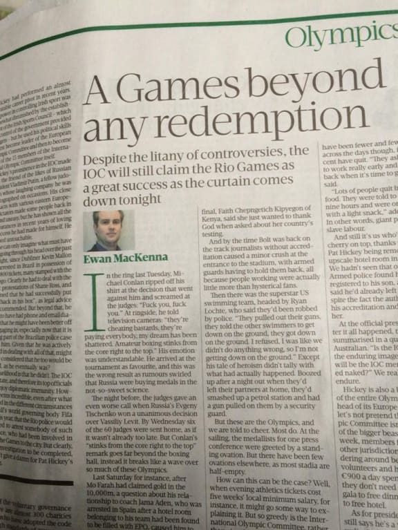 Photo of article in The Irish Times by Ewan MacKenna.