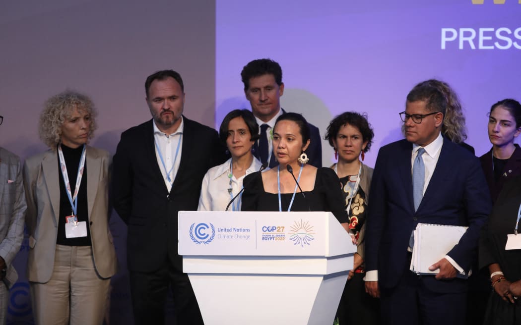 Marshall Islands Climate Ambassador Kristina Stege speaks to media during the UN climate summit COP27 held in Sharm el-Sheikh, Egypt