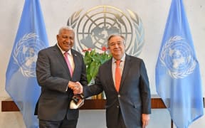 Fiji prime minister Frank Bainimarama meets with United Nations Mr.António Guterres during a meeting at the United Nations head quarters in New York.