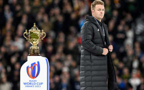 A dejected All Blacks captain Sam Cane walks past the Rugby World Cup trophy after losing the final to South Africa in Paris.