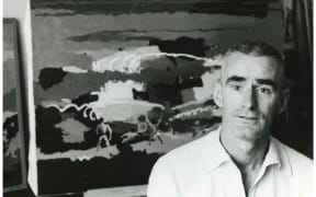Expatriate painter Douglas MacDiarmid of Paris with his oil painting Ocean Bathers 1962