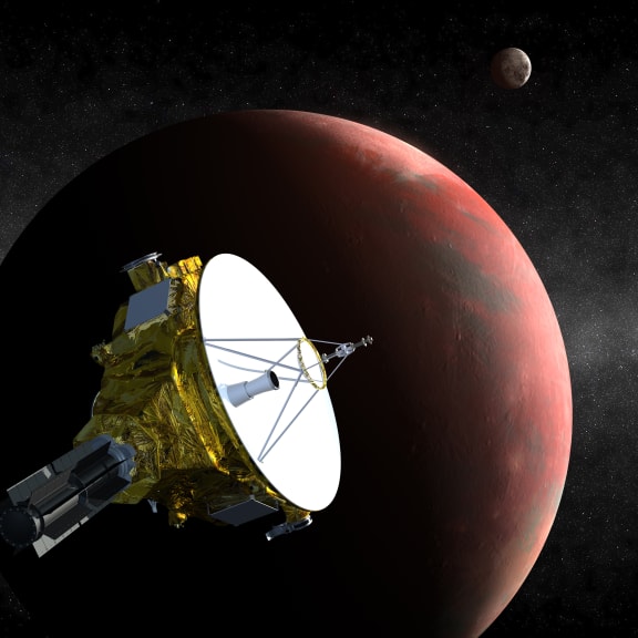 An artist's concept of the New Horizons spacecraft as it approaches Pluto and its three moons.