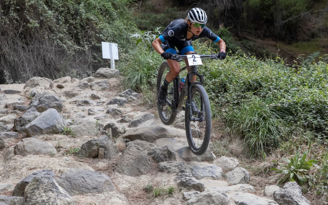 Sammie Maxwell from Taupo on her way to 1st place in the woman’s elite (and U23) at the New Zealand Mountain Biking Cross Country Championship held at the Crocodile Mountain Bike Park in Christchurch. 
Credit; Peter Meecham/ www.photosport.nz