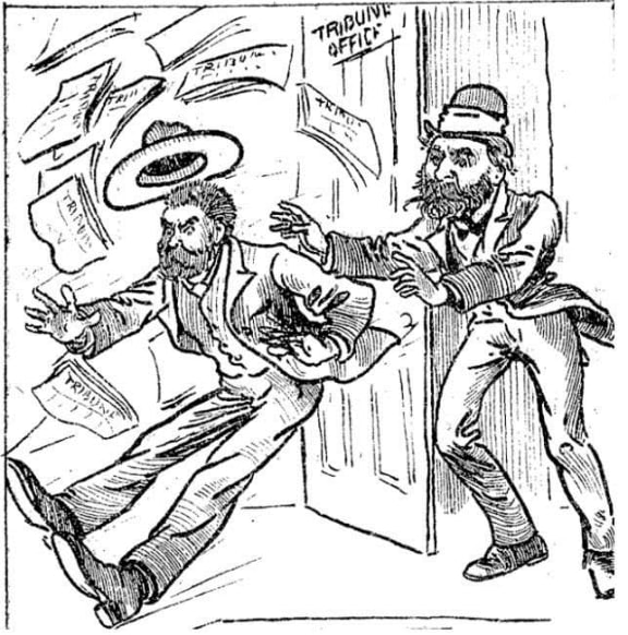A cartoon from The Observer of Desmond being evicted from the office he used to publish the Tribune in 1880.
