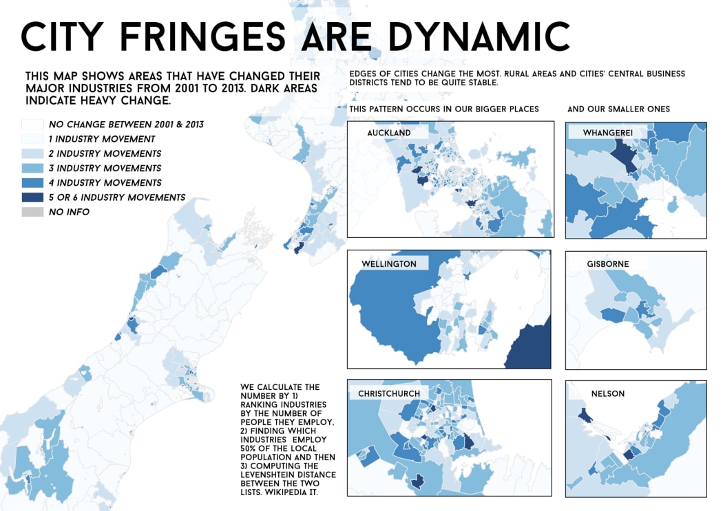 A map showing industry changes nationwide between 2001 and 2013