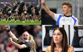 Clockwise from top left: All Blacks performing a haka, Liam Lawson, Dame Noeline Taurua and Jorja Miller
