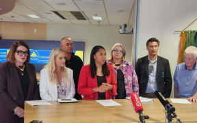 From left Hastings Mayor Sandra Hazlehurst, Napier Mayor Kirsten Wise, Mana Ahuriri representative Leon Symes, Hawke’s Bay Regional Council Chair Hinewai Ormsby, Central Hawke’s Bay Mayor Alex Walker, Ngāti Kahungunu Chair Bayden Barber, Wairoa Mayor Craig Little.