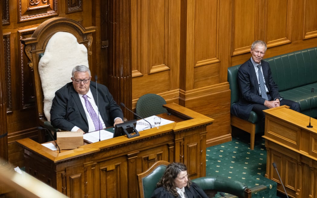 Former Speaker Lockwood Smith visits the debating chamber on Gerry Brownlee's first day in the Chair.
