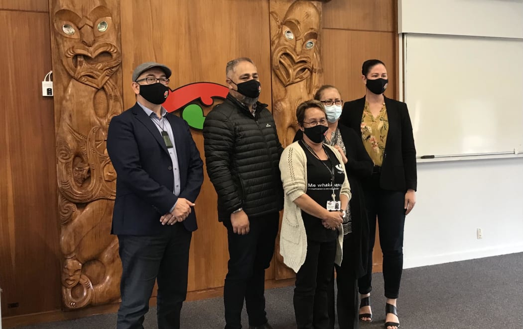 Associate health minister Peeni Henare (second from left) and Northland MP Willow-Jean Prime (far right) at Ngāti Hine Health Trust in Kawakawa.