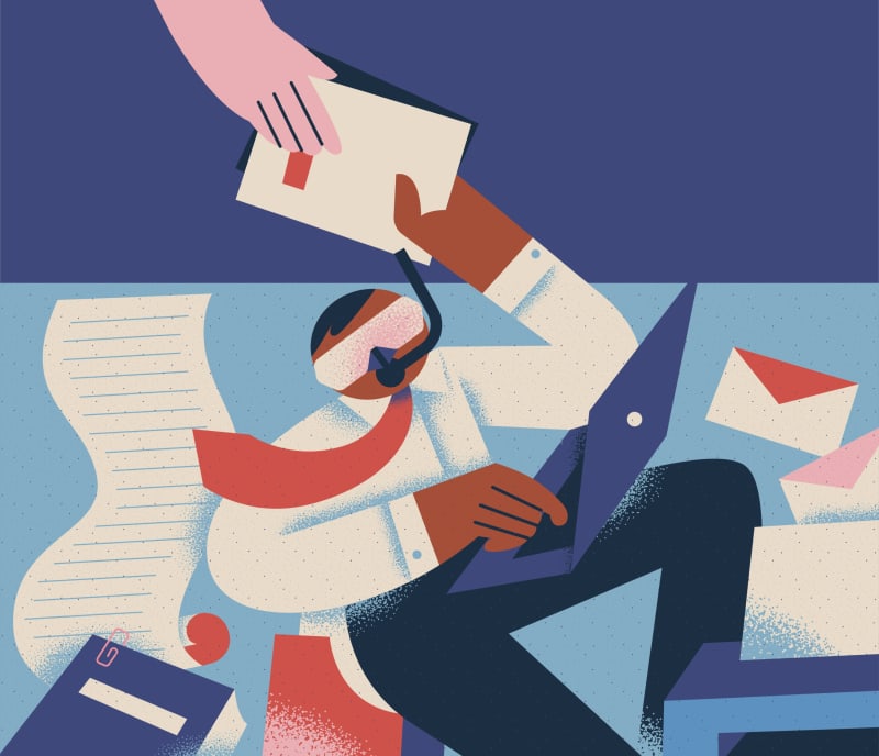 An illustration of an office worker in scuba diving gear being handed paper work while on laptop.